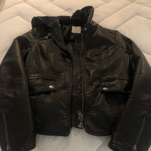 We The Free People S black Gray faux leather Vegan jacket Zip Hooded Moto